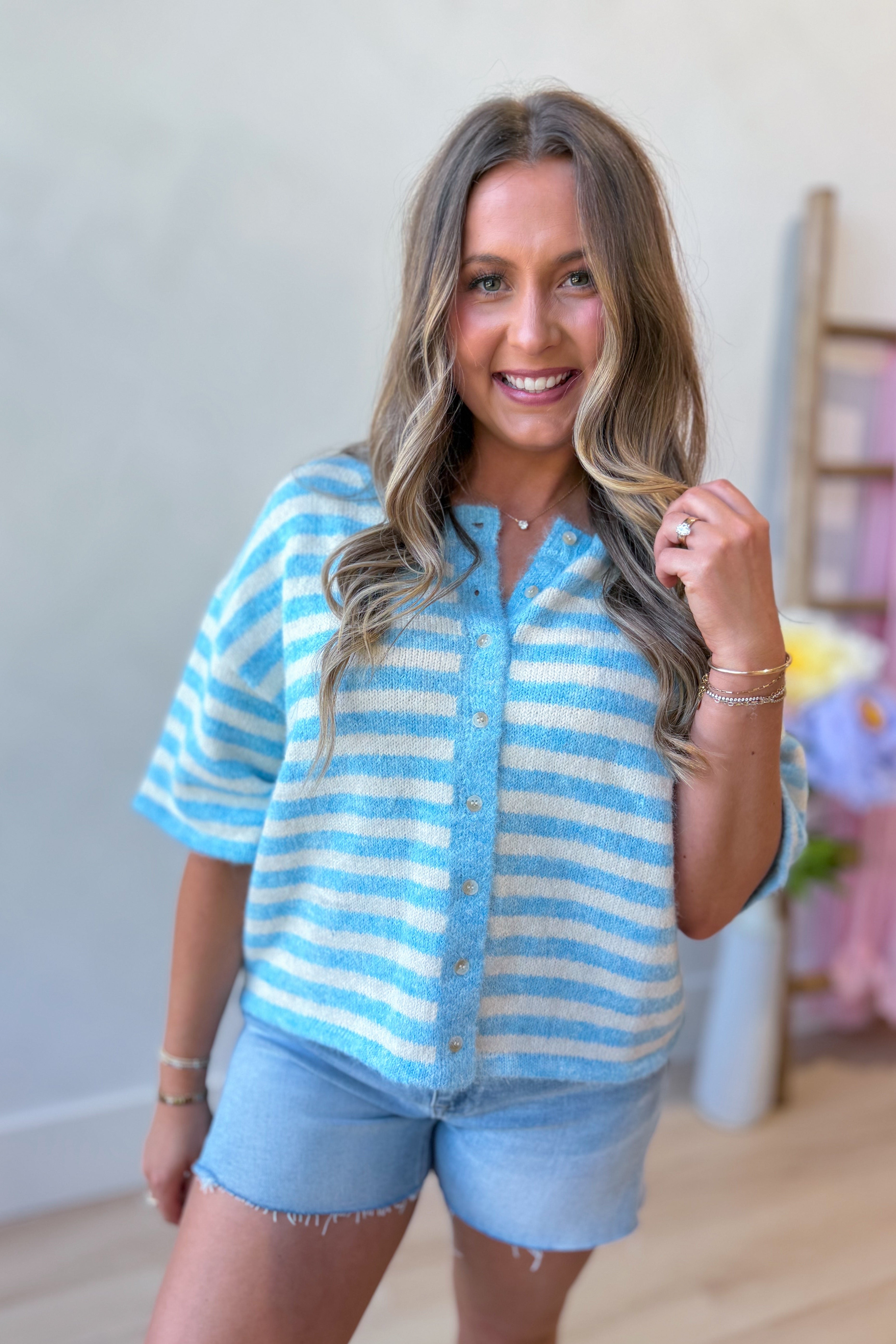 Blue striped Lauren BAEVELY button-down cardigan top from the 131 Spring Sweaters collection, featuring a classic knit design.
