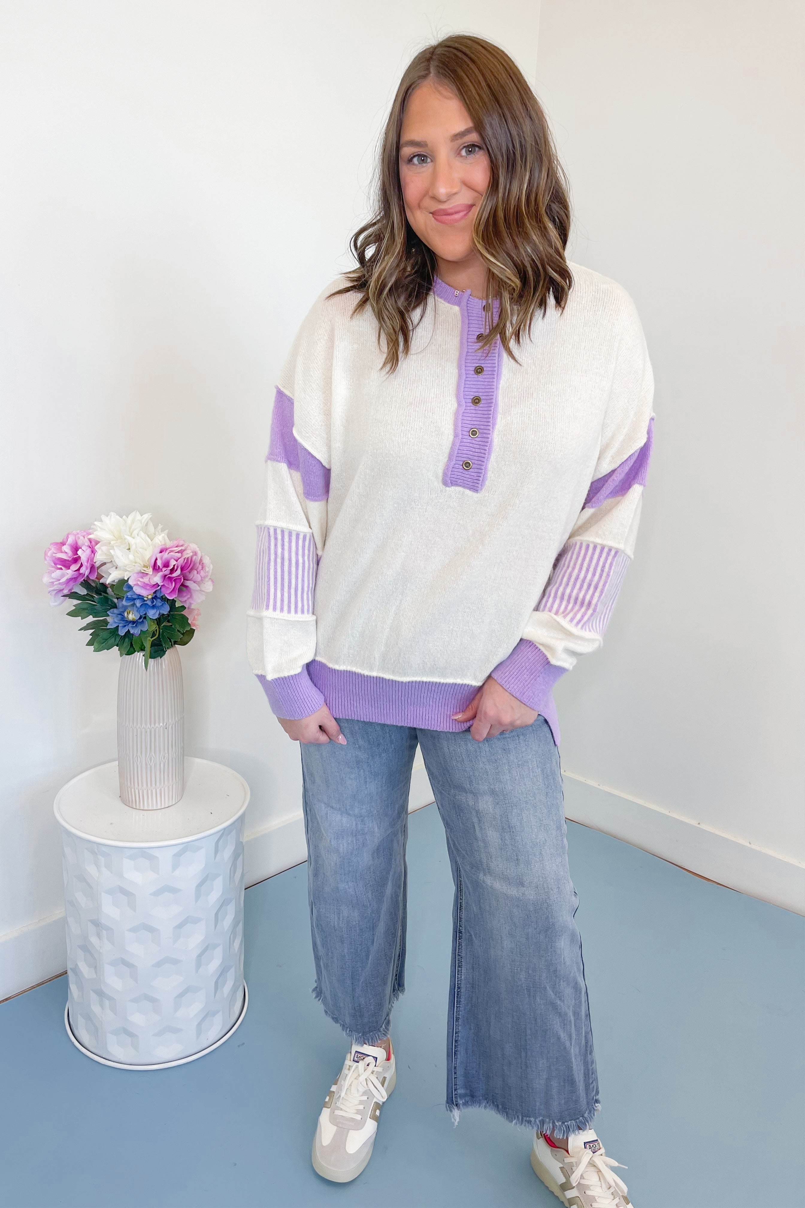 Morgan Color Contrast Oversized Placket Sweater - Be You Boutique