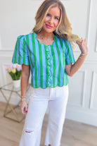 Entro Connie striped scallop trim casual top with short sleeves and vibrant pattern, perfect for everyday wear.