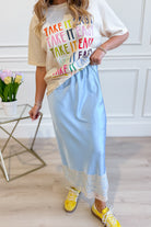 WISHLIST Conrad Silky Satin Lace Trim Skirt in a smooth satin fabric with delicate lace detailing, styled for a chic look.
