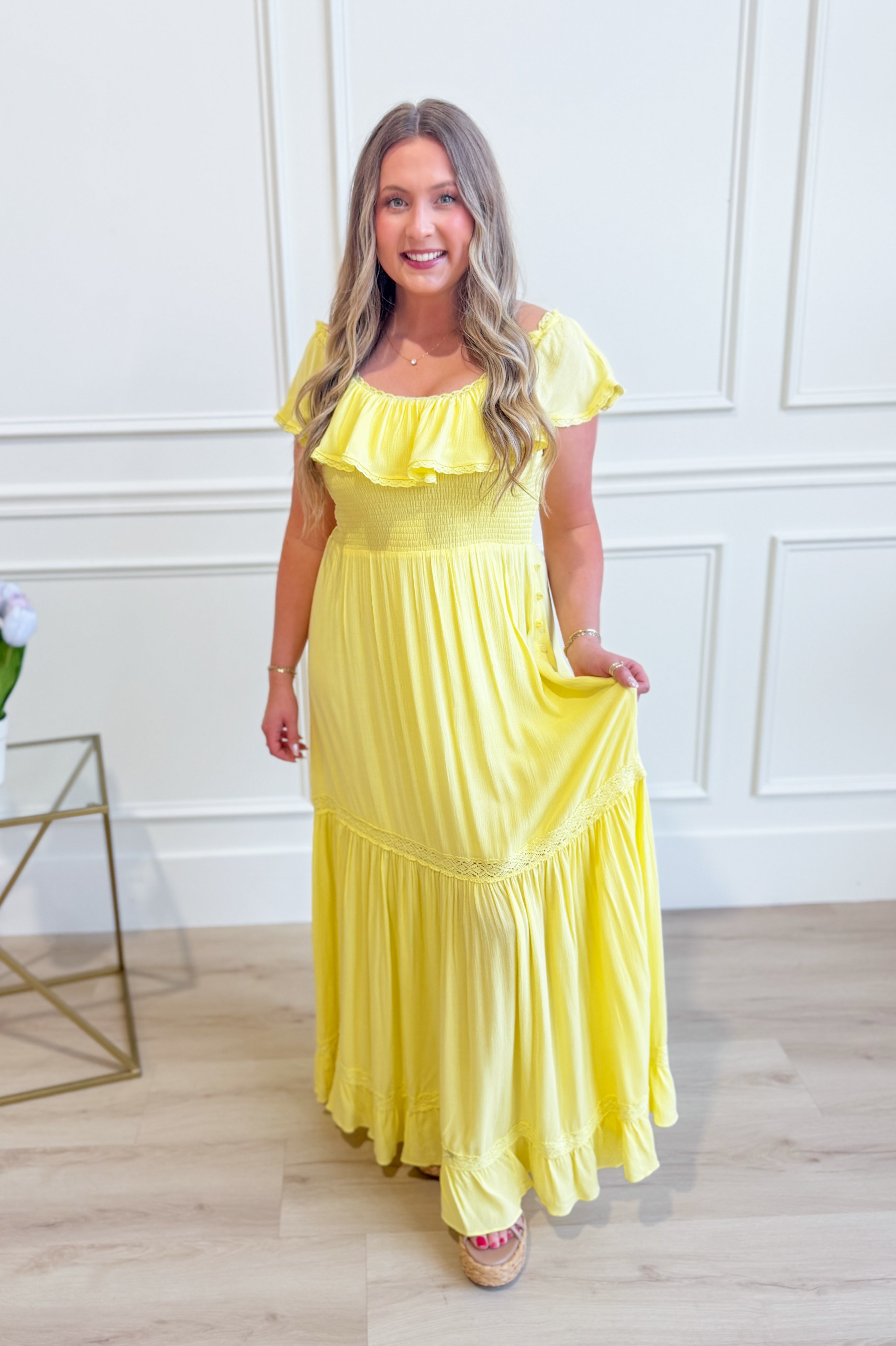 IN LOOM Randy Ruffled Flounce Collar Maxi Dress with elegant ruffle details and flowing silhouette, perfect for dressy occasions.