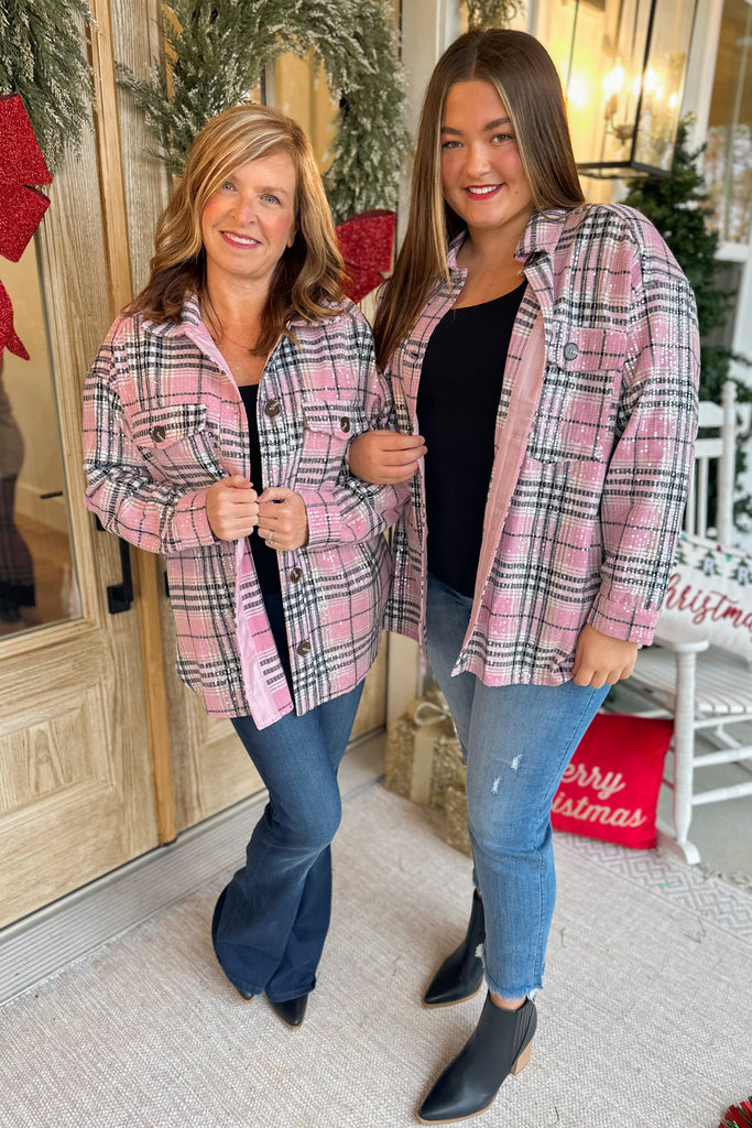 Jerry Long Sleeve Pink Plaid Sequin Shirt Jacket - Be You Boutique
