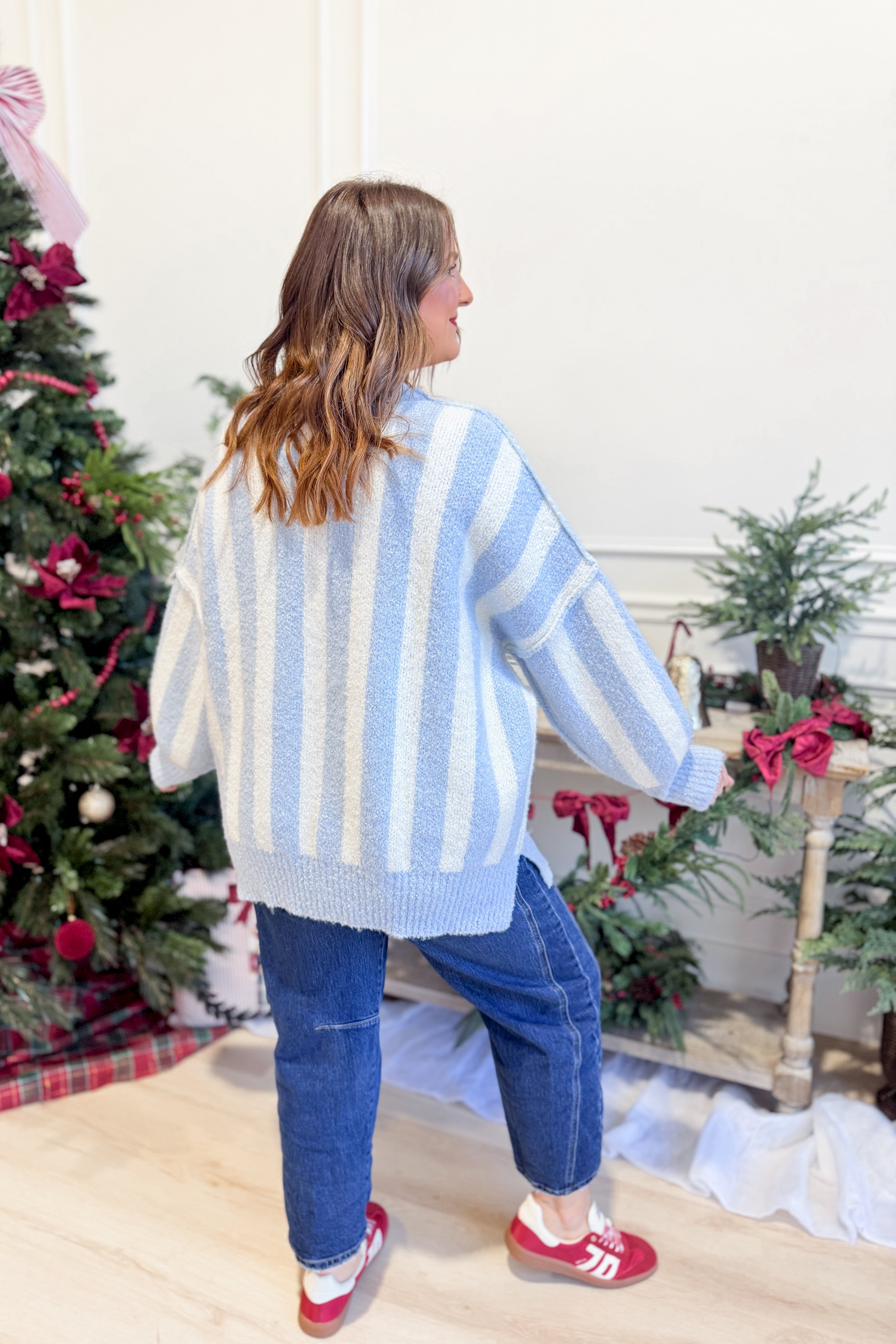 PEACH LOVE Lauren Santa sequin embroidered striped fall sweater