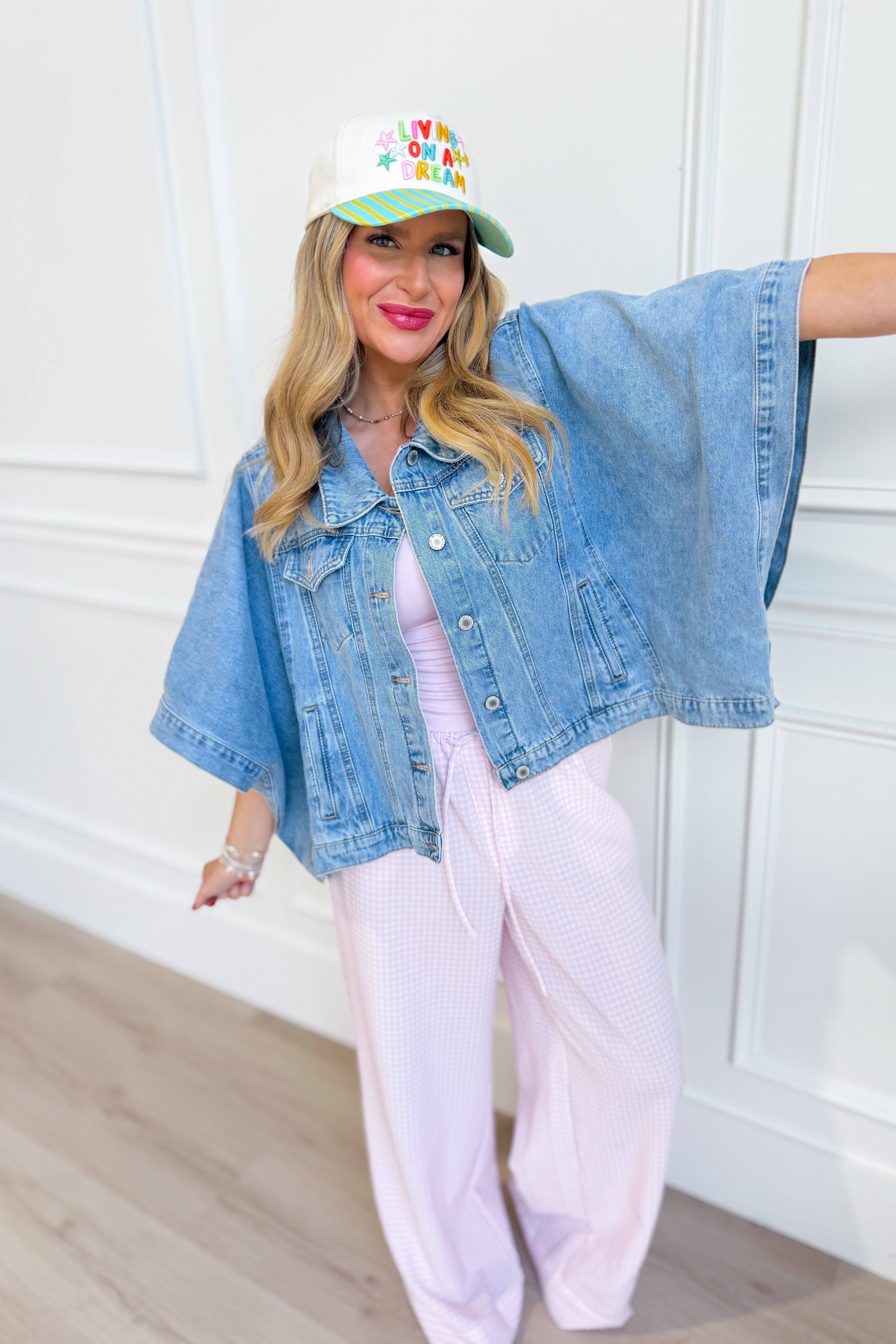WISHLIST Fred denim cape jacket, 140 outerwear, stylish blue denim cape with front buttons and collar, casual outerwear for women
