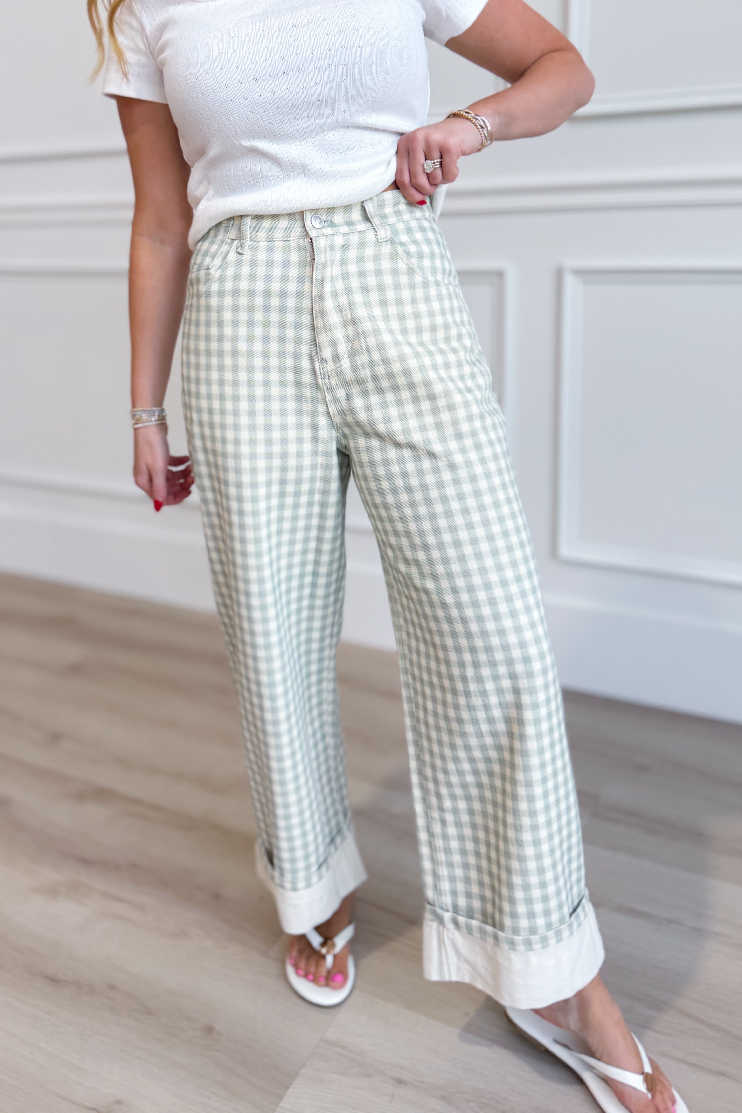 Luis Sage Gingham Rolled Hem Barrel Pant from PEACH LOVE, 147 Novelty Jeans, featuring sage gingham pattern and rolled hem detail.