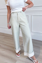Luis Sage Gingham Rolled Hem Barrel Pant from PEACH LOVE, 147 Novelty Jeans, featuring sage gingham pattern and rolled hem detail.