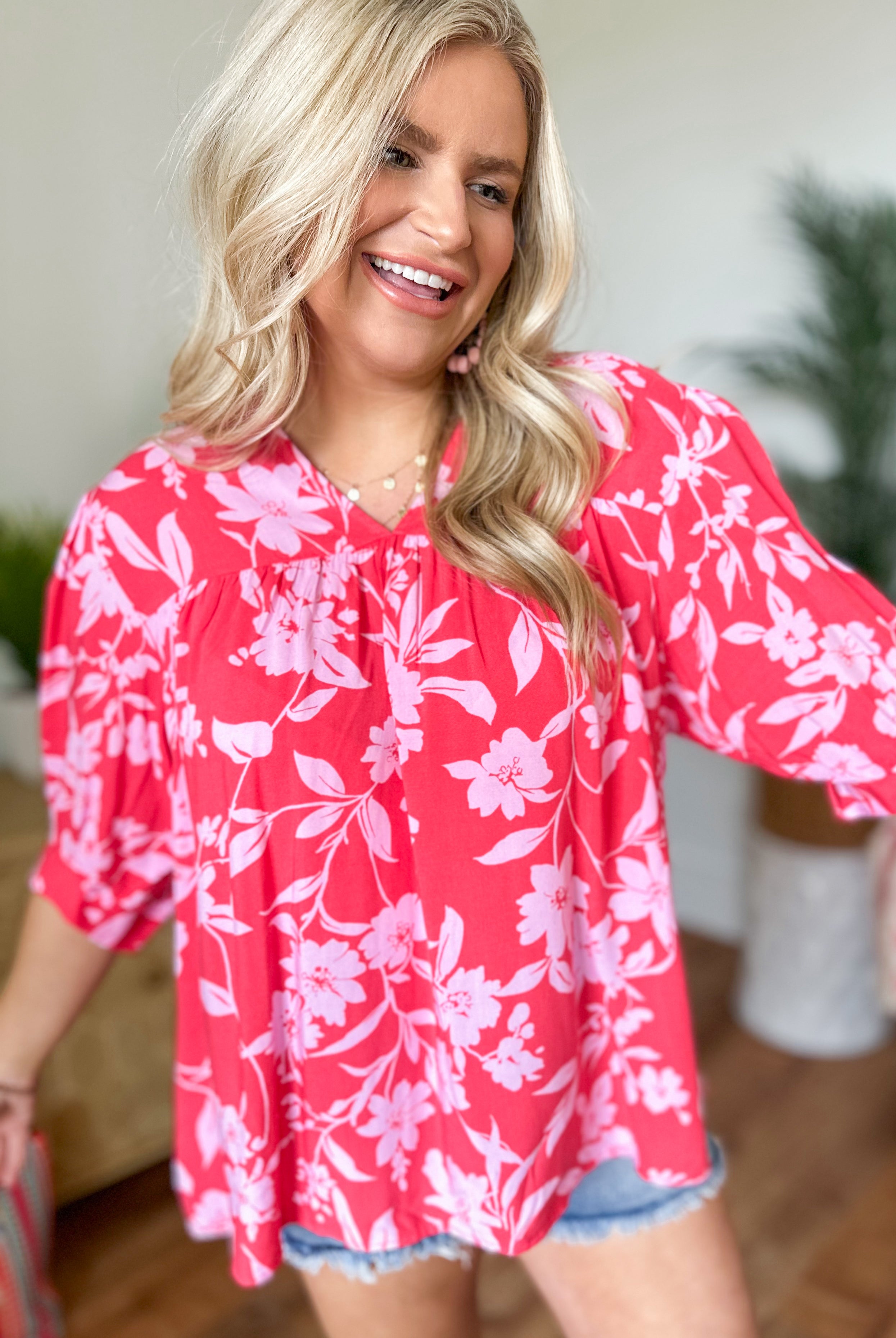 Strawberry Tropical Print Challis Woven Top - Be You Boutique