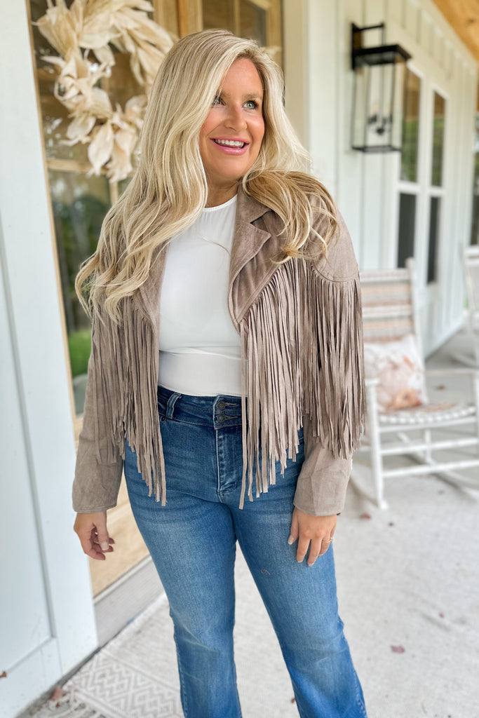 River Long Sleeve Faux Suede Fringe Jacket - Be You Boutique