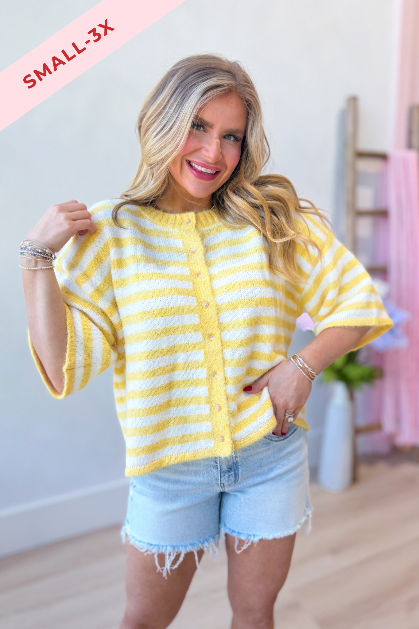 Lauren yellow striped button-down cardigan top from BAEVELY, a 131 spring sweater with bright yellow and white stripes.