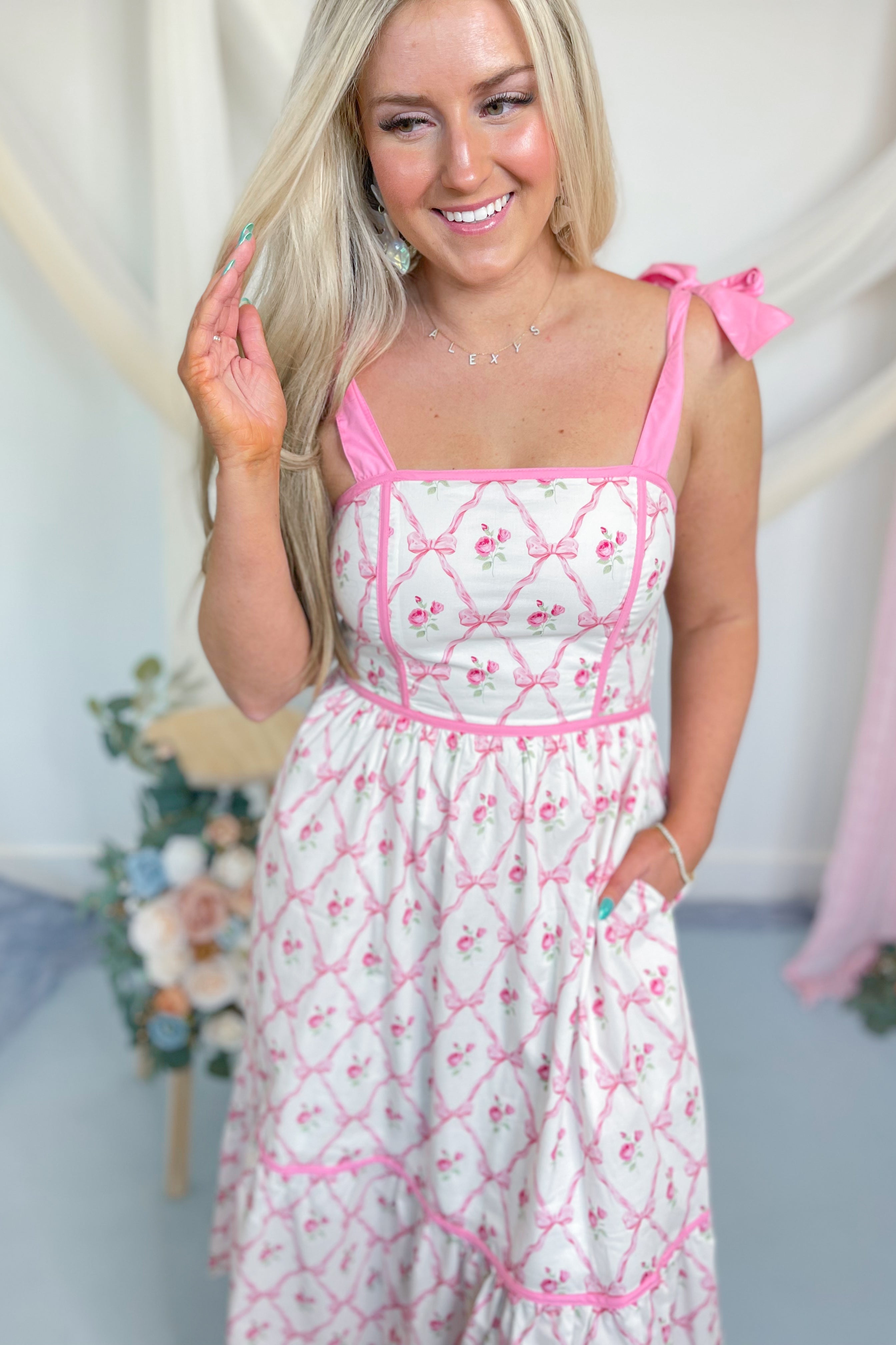 Lilly Bow Shoulder Straps Midi Dress - Be You Boutique