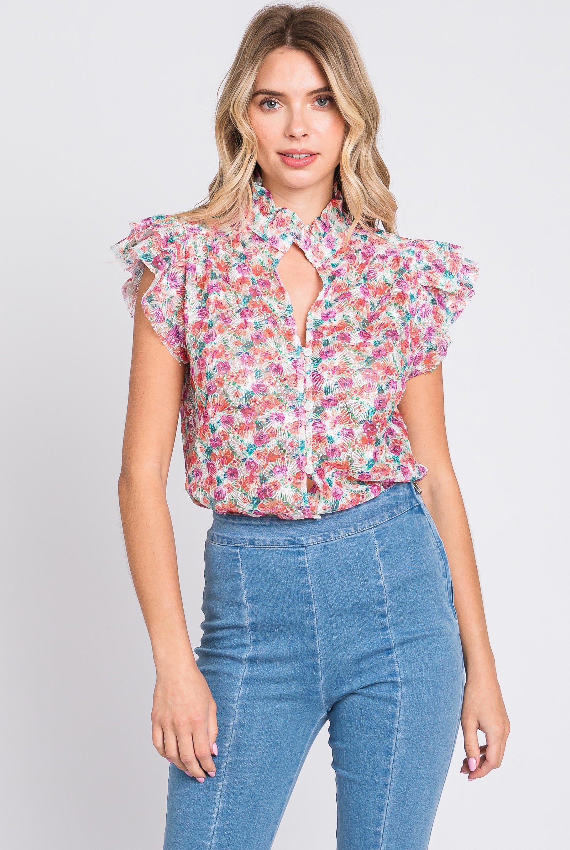 Tracy Split Neck Embroidered Floral Sequin Top - Be You Boutique