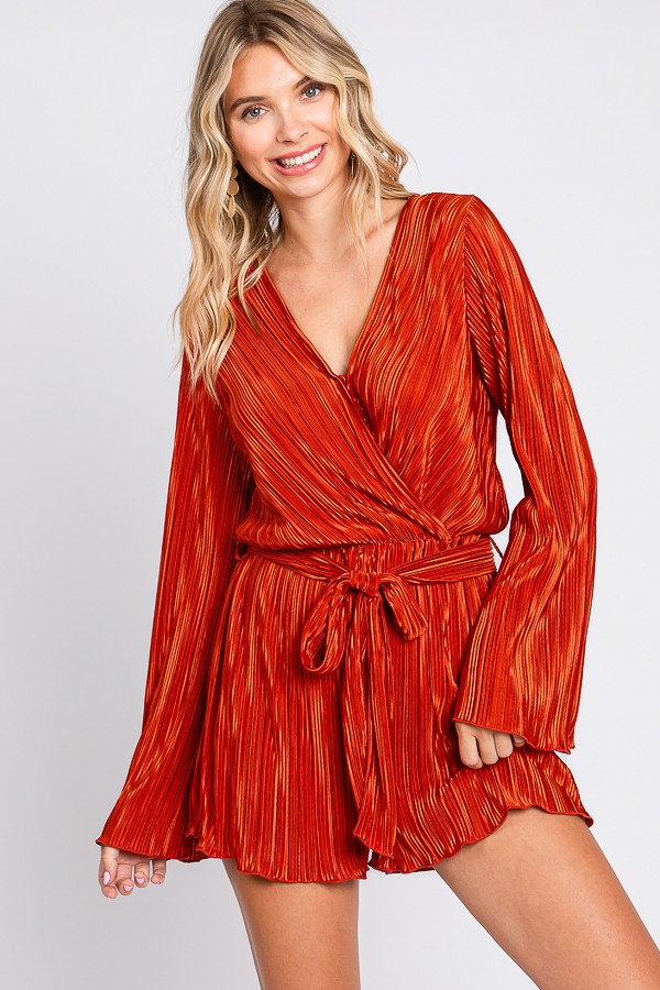 Julian Long Sleeve V Neck Pleated Satin Romper *FINAL SALE* - Be You Boutique