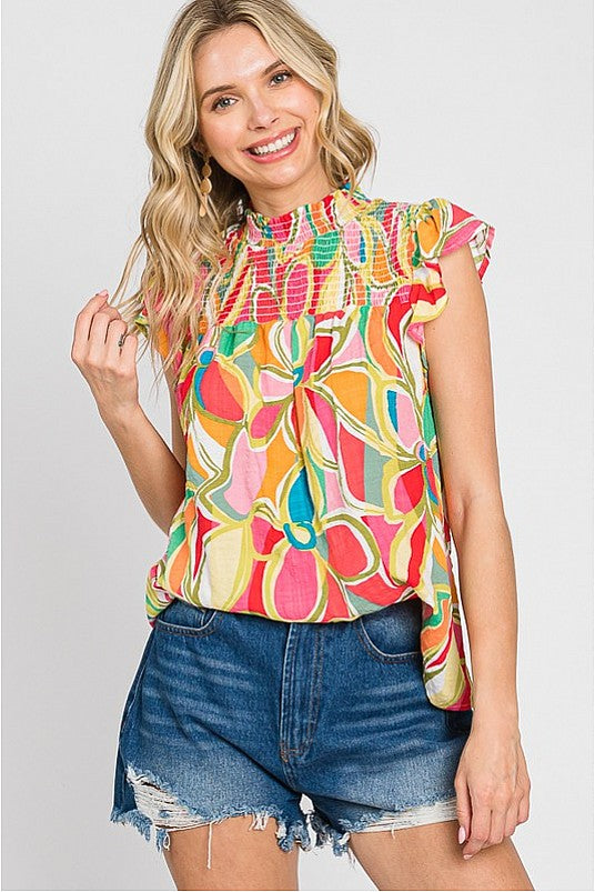 Mel Floral Print Mock Collar Smocked Top - Be You Boutique