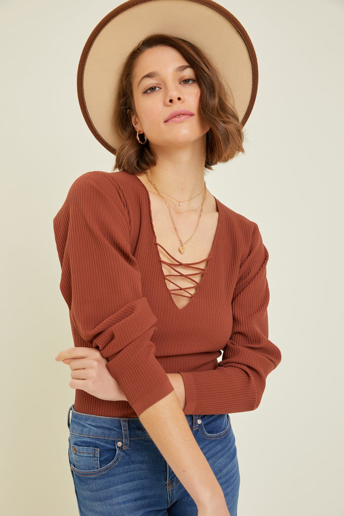 Kayce Ribbed Lace-up Long Sleeve Bodysuit Sweater - Be You Boutique