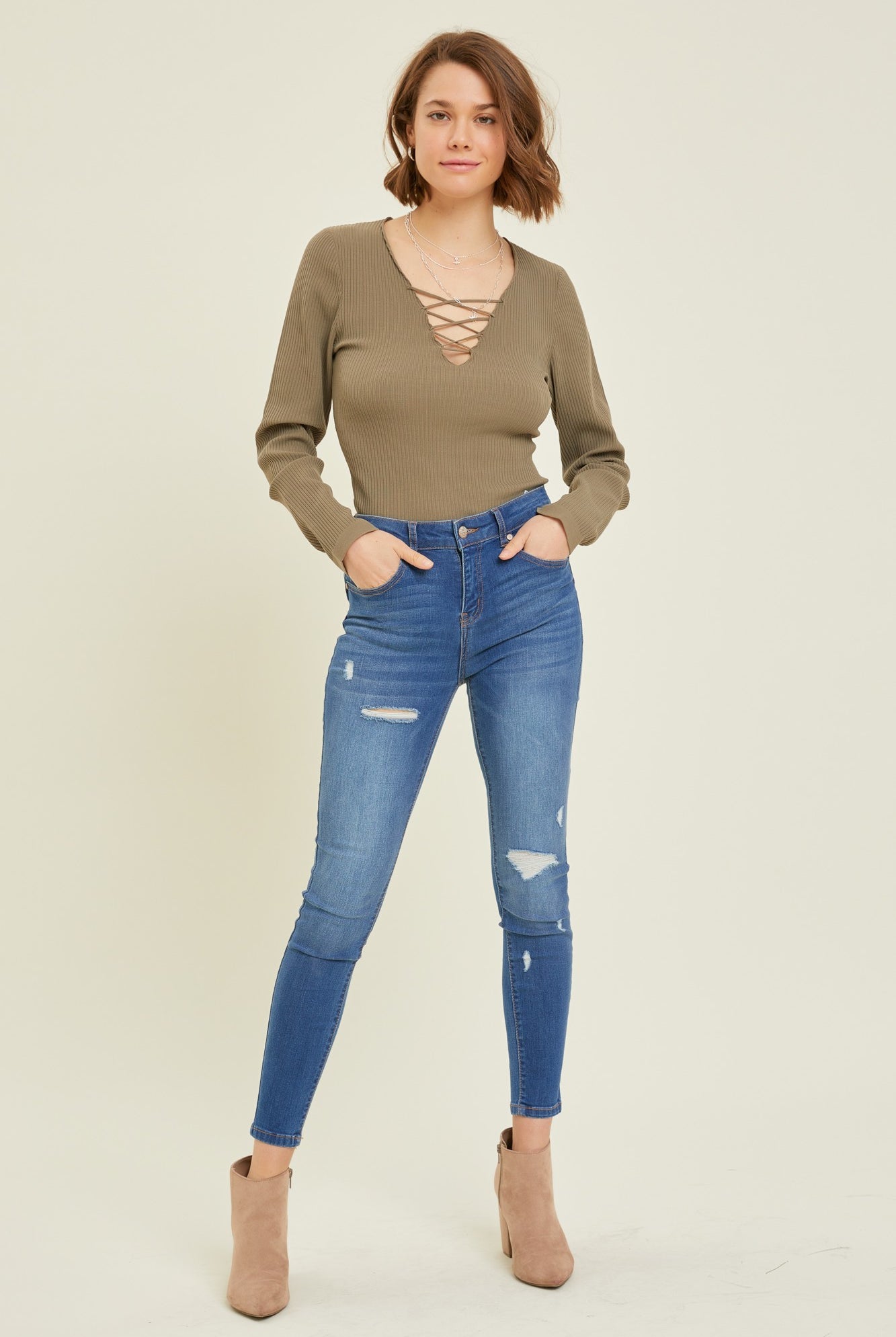 Kayce Ribbed Lace-up Long Sleeve Bodysuit Sweater - Be You Boutique