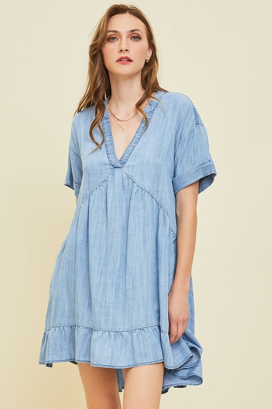 Eleanor Washed Chambray Flare Dress - Be You Boutique