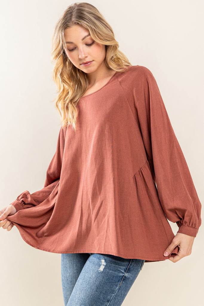 Mary Round Neck Back Tie Flare Balloon Sleeve Blouse - Be You Boutique