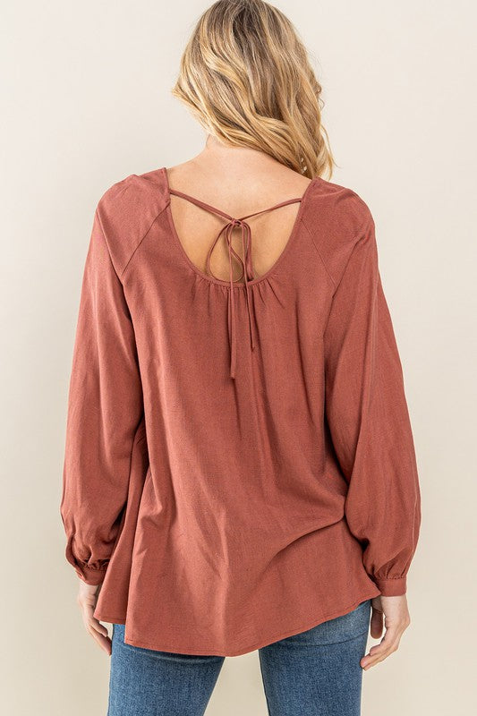 Mary Round Neck Back Tie Flare Balloon Sleeve Blouse - Be You Boutique
