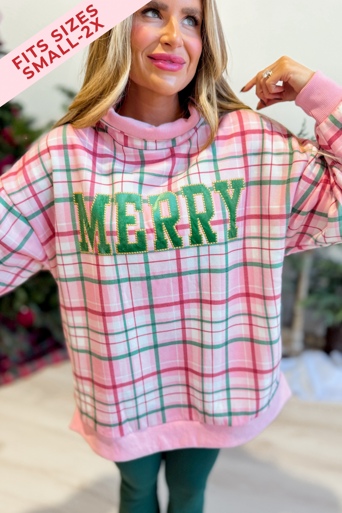 Plaid Merry Patched mockneck sweatshirt from PEACH LOVE's 137 Graphic Sweatshirts collection, featuring a cozy, stylish design.
