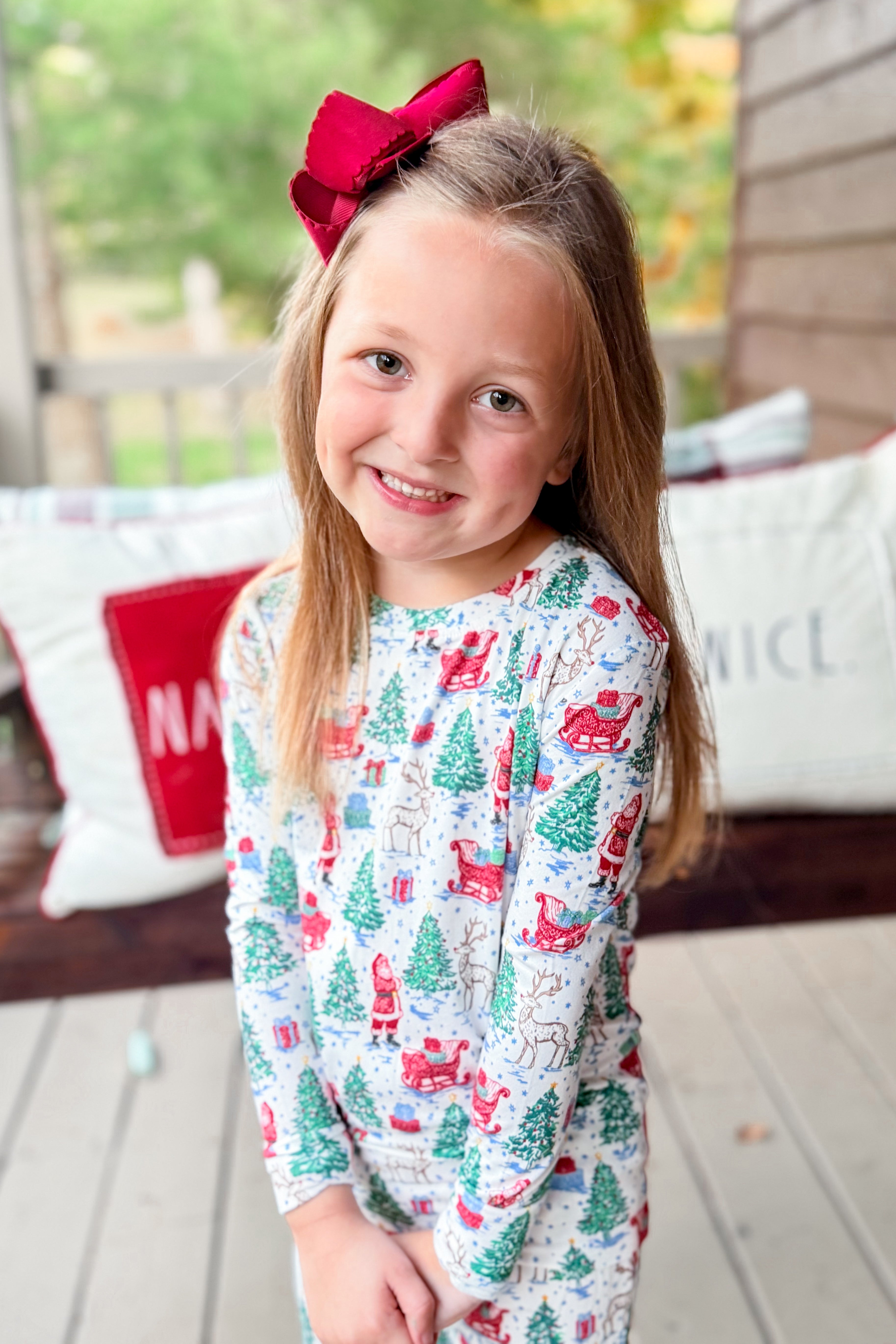 Mary Square Annie Tidings and Toile children’s pajama set with festive toile print pants and matching top