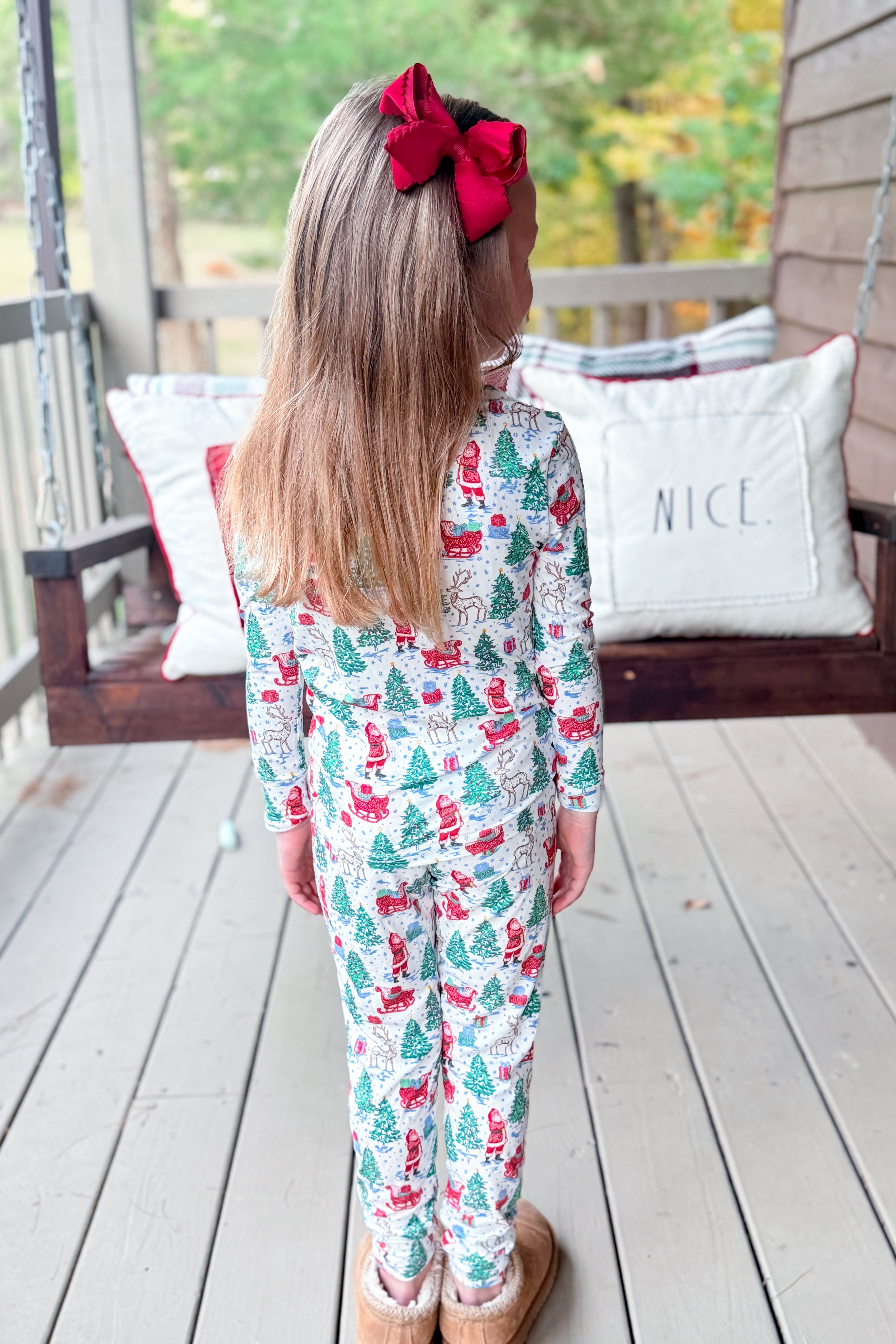 Mary Square Annie Tidings and Toile children’s pajama set with festive print and matching pants