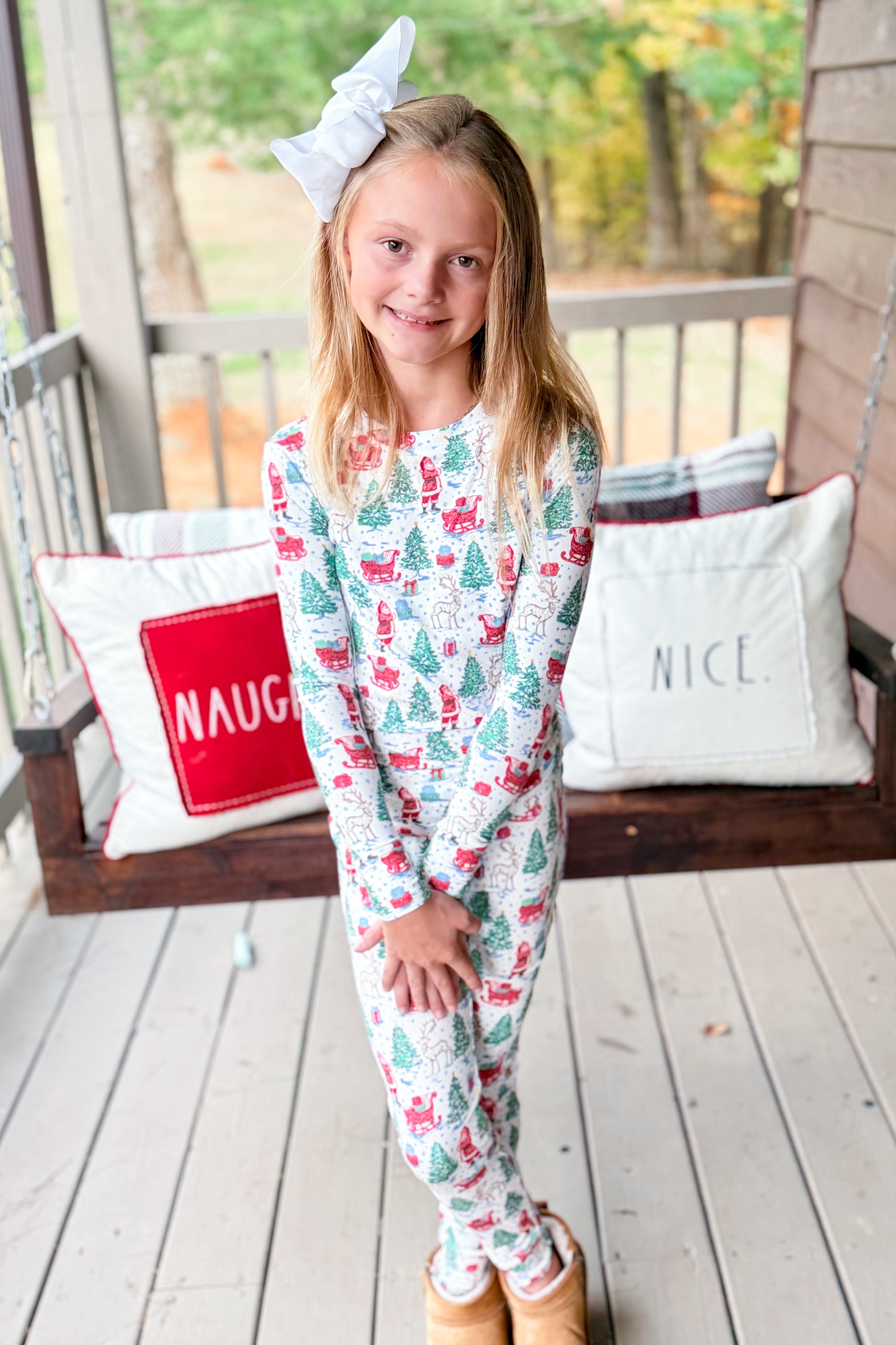 Mary Square Annie Tidings and Toile children's pajama set with patterned top and matching pants