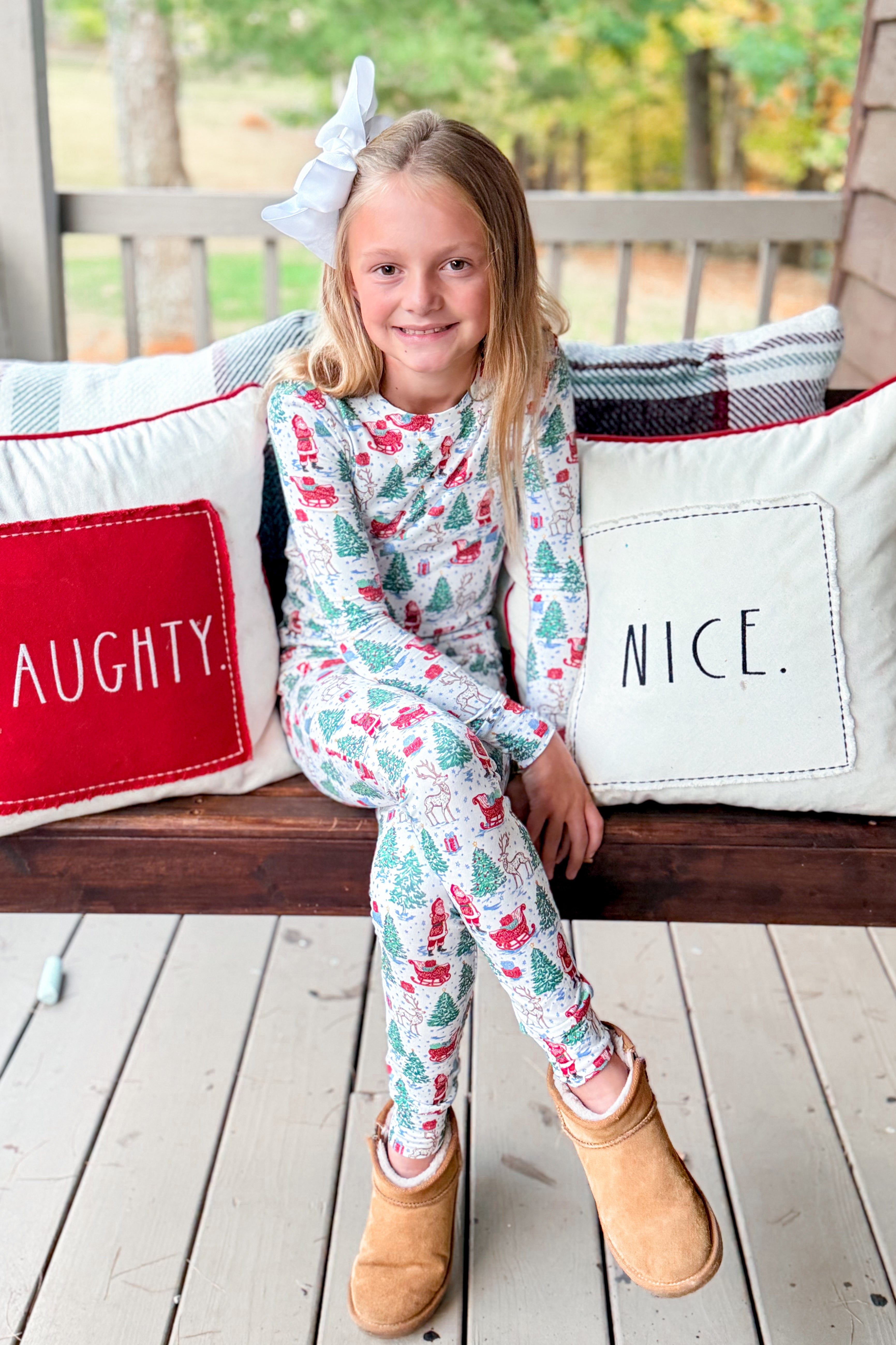 Mary Square Annie Tidings and Toile children’s pajama set with patterned top and matching pants