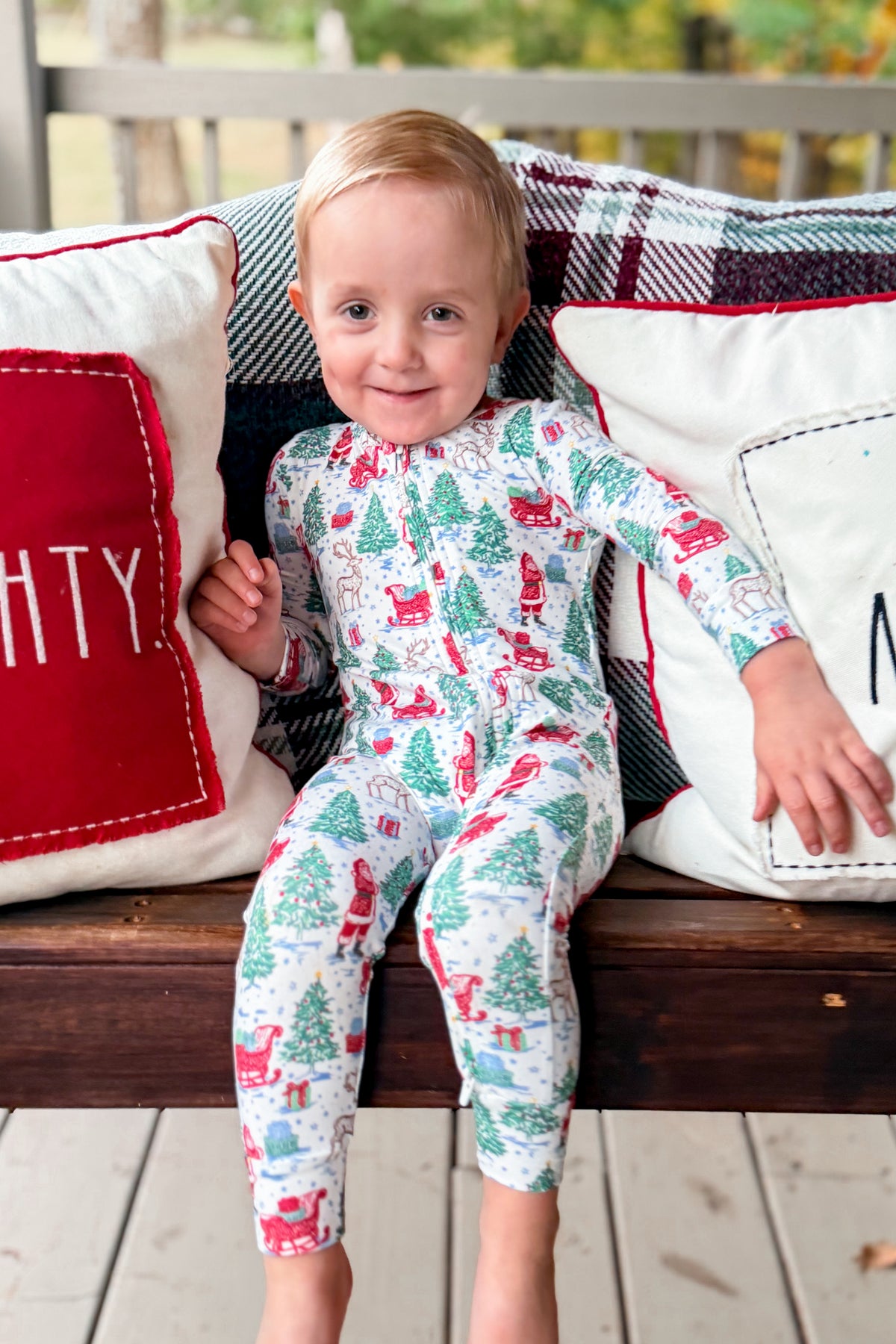 Mary Square Annie Tidings and Toile baby pajamas with festive toile print pants