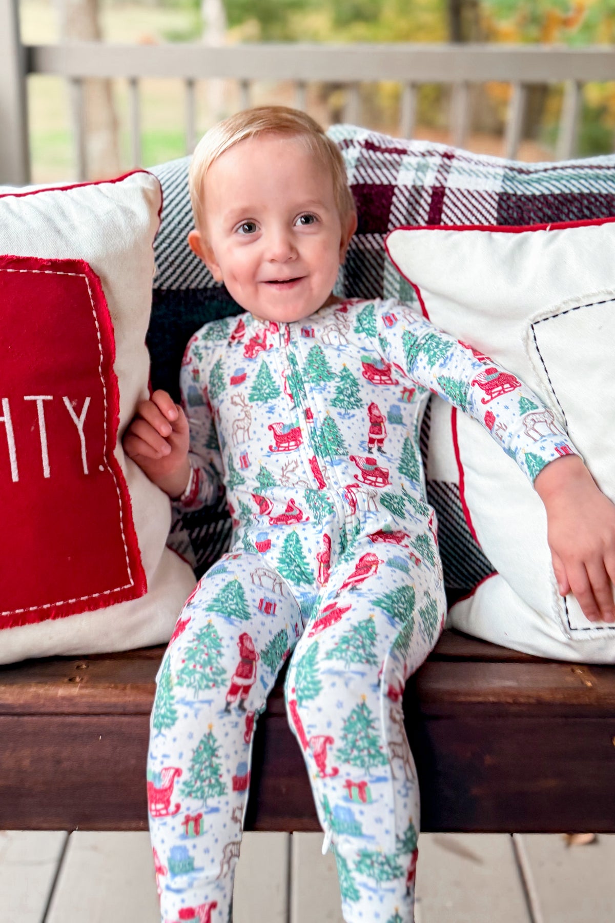Mary Square Annie Tidings and Toile baby pajamas with festive print and matching pants