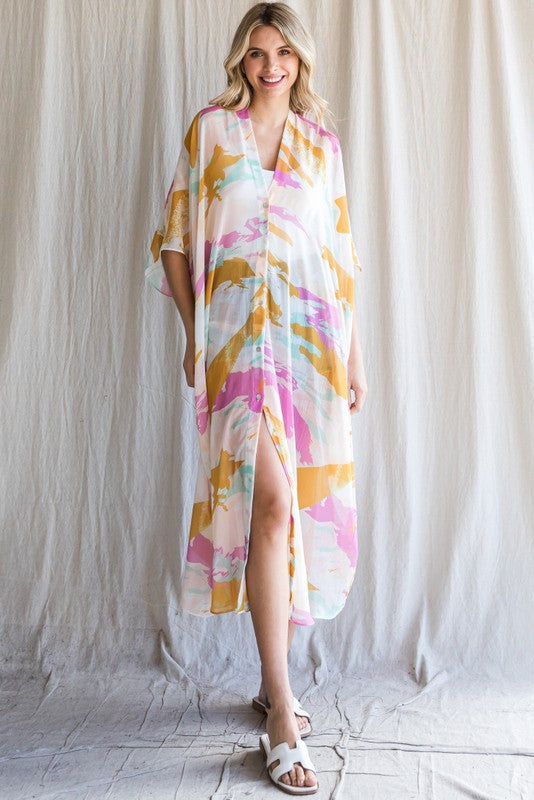 Camden Multi Color Button Up Printed Chiffon Kimono Cardigan - Be You Boutique