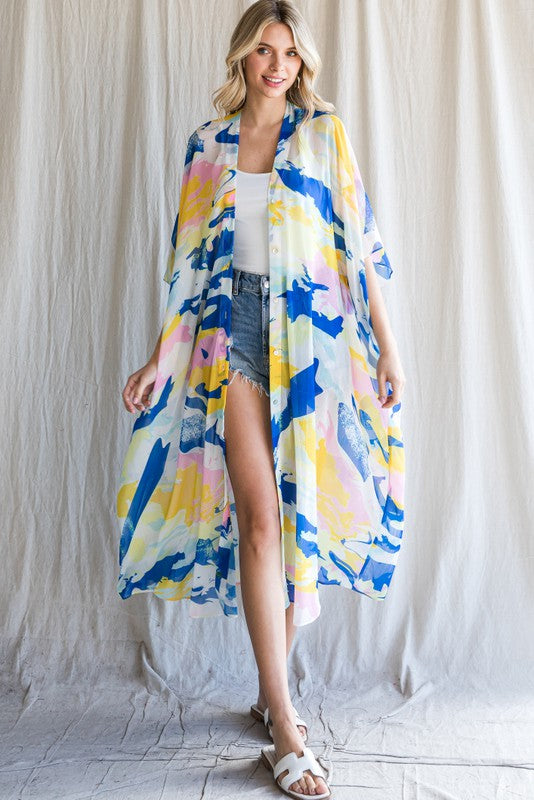 Camden Multi Color Button Up Printed Chiffon Kimono Cardigan - Be You Boutique