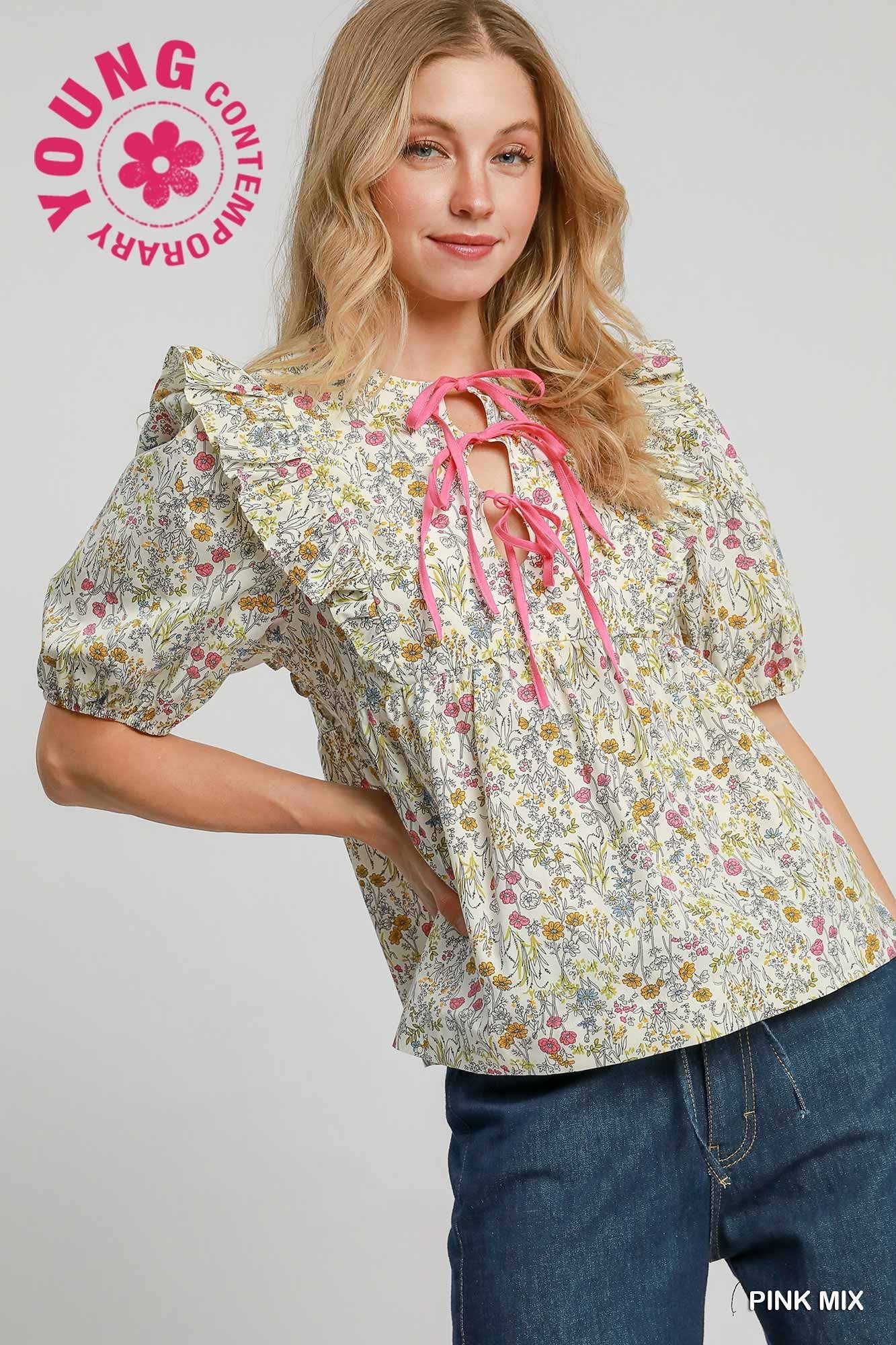 Gwen Floral Ribbon Tie Front Top - Be You Boutique