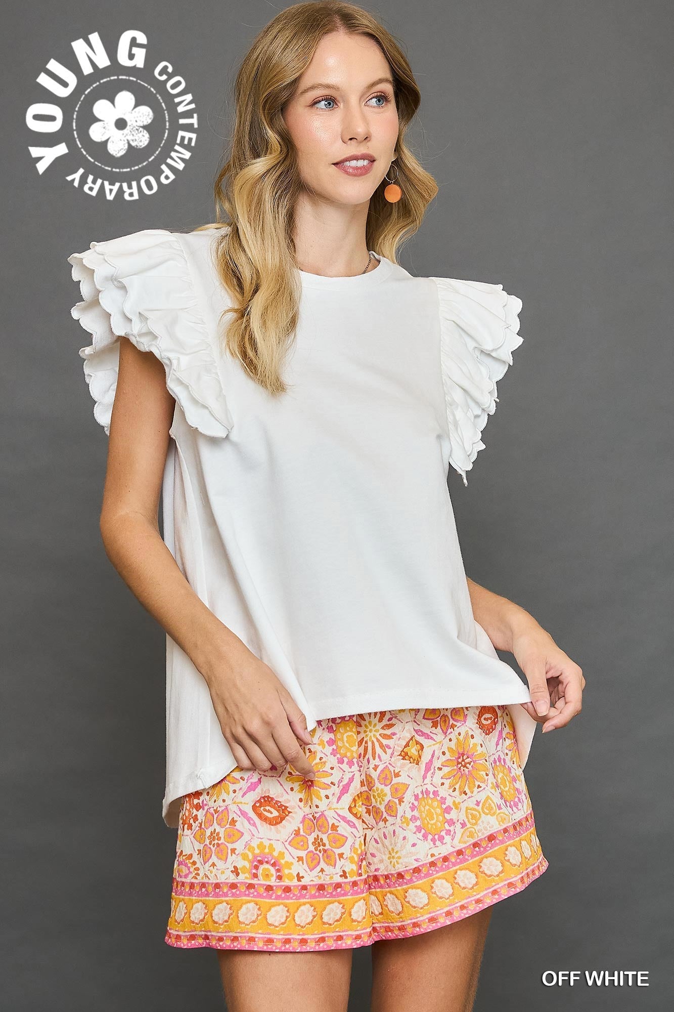 Lacy French Terry Ruffle Sleeve Top - White - Be You Boutique