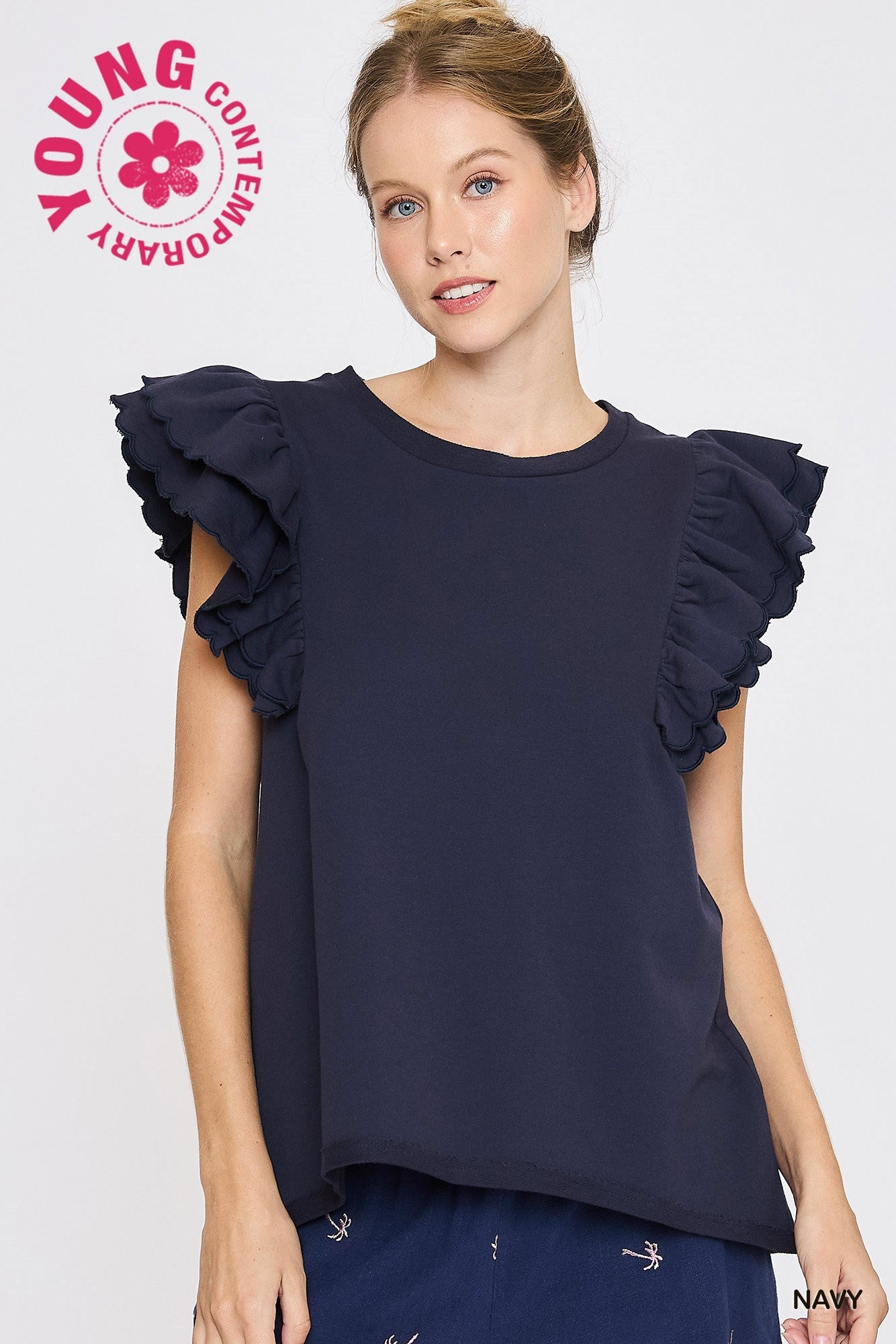 Lacy French Terry Ruffle Sleeve Top - Navy - Be You Boutique