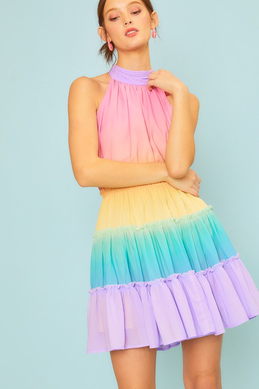 Orion Mock Neck With Back Self Tie Multi Ombre Print Dress - Be You Boutique