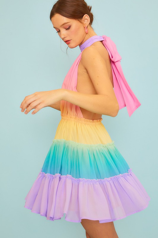 Orion Mock Neck With Back Self Tie Multi Ombre Print Dress - Be You Boutique