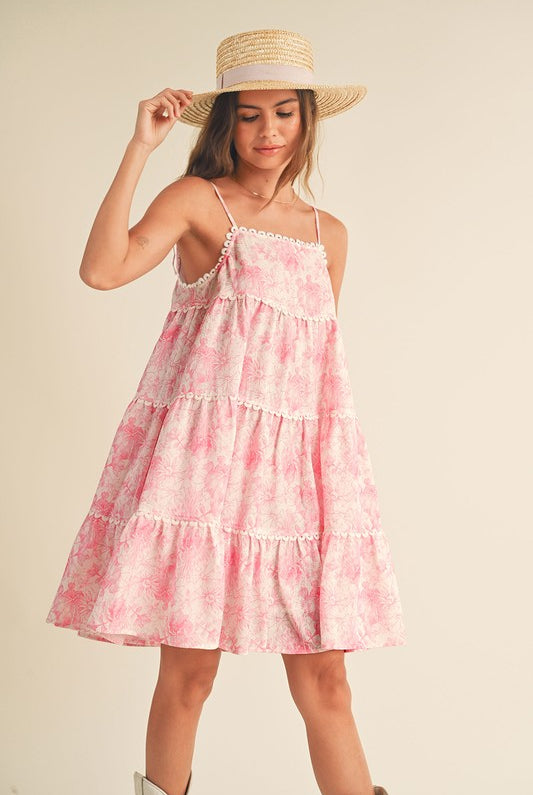 Matilda Pink Floral Tiered Scallop Trim Dress - Be You Boutique