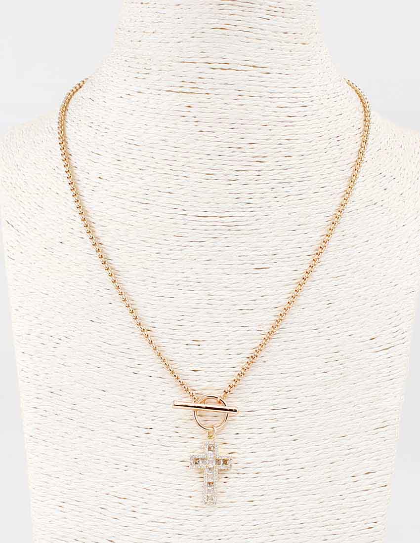 Gold Rope Chain w/ Rhinestone Cross Charm Necklace - Be You Boutique