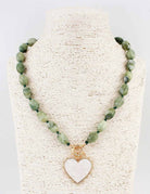 Green Beaded Natural Stone w/ Pearlized Heart Charm Necklace - Be You Boutique