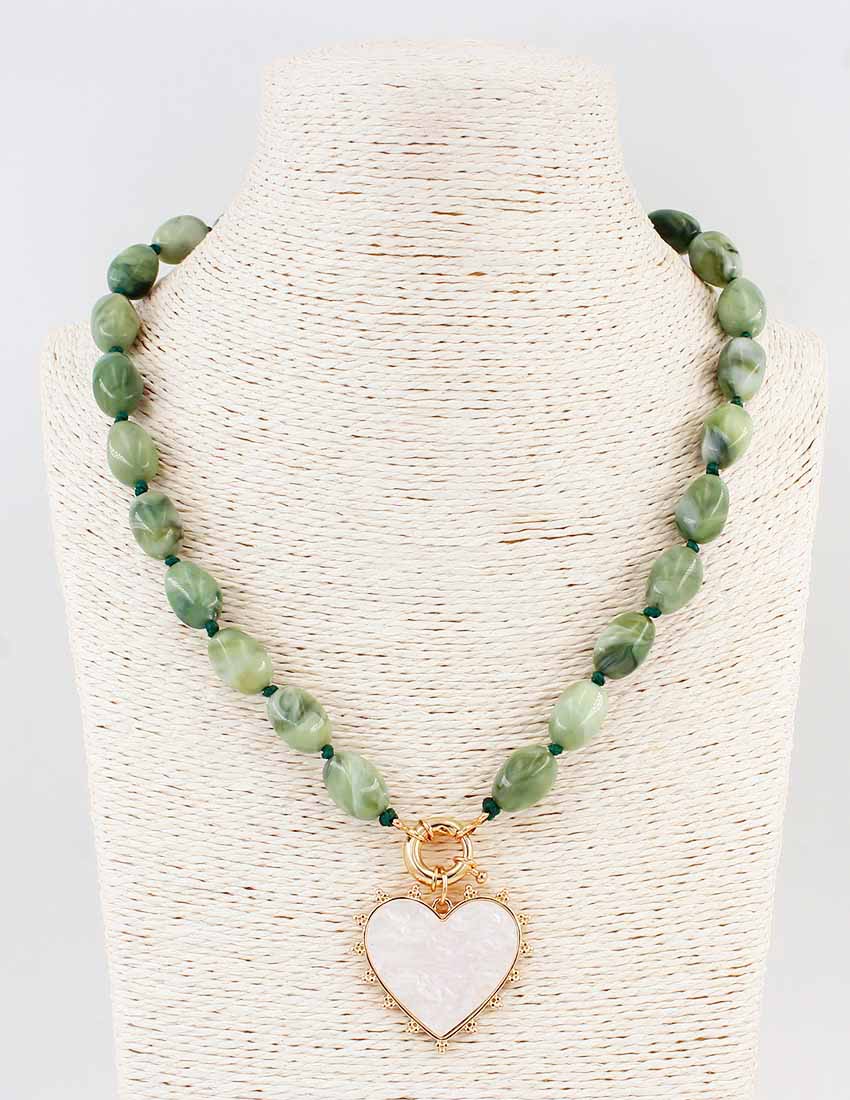 Green Beaded Natural Stone w/ Pearlized Heart Charm Necklace - Be You Boutique