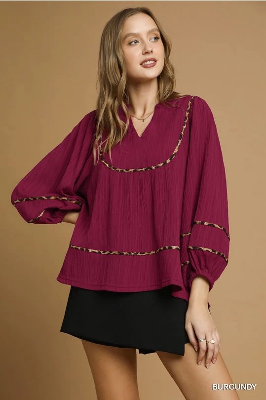 Stacie Leopard Trim Blouse Top **waiting on plus** - Be You Boutique