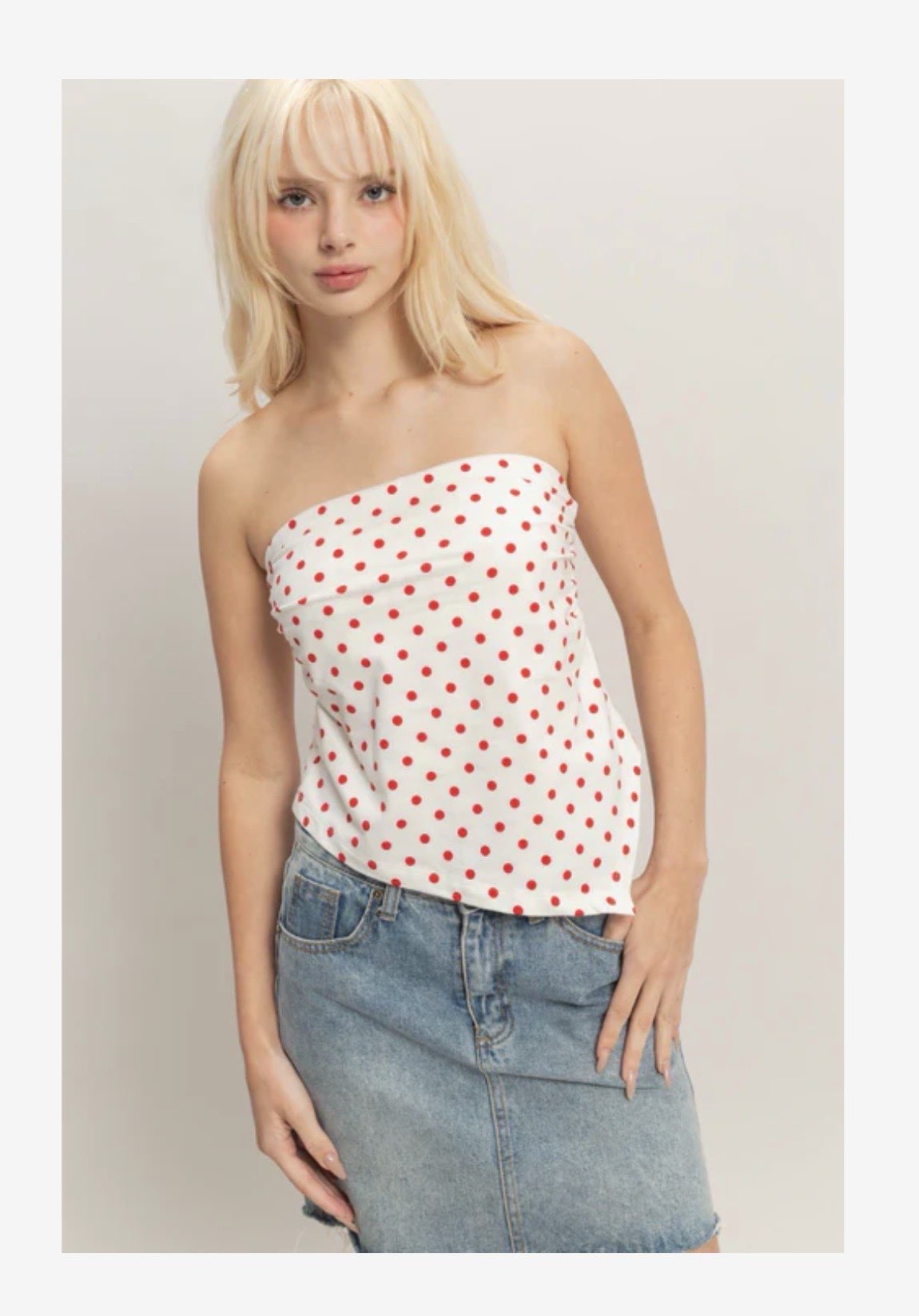 HYFVE Hannah white polka dot triangle tube top from the 110 Dressy Tops collection, featuring a stylish polka dot pattern and triangle design.