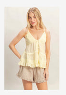 HYFVE Sue Butter strappy lace trim ruffle top with delicate lace details and a feminine design, perfect for dressy occasions.