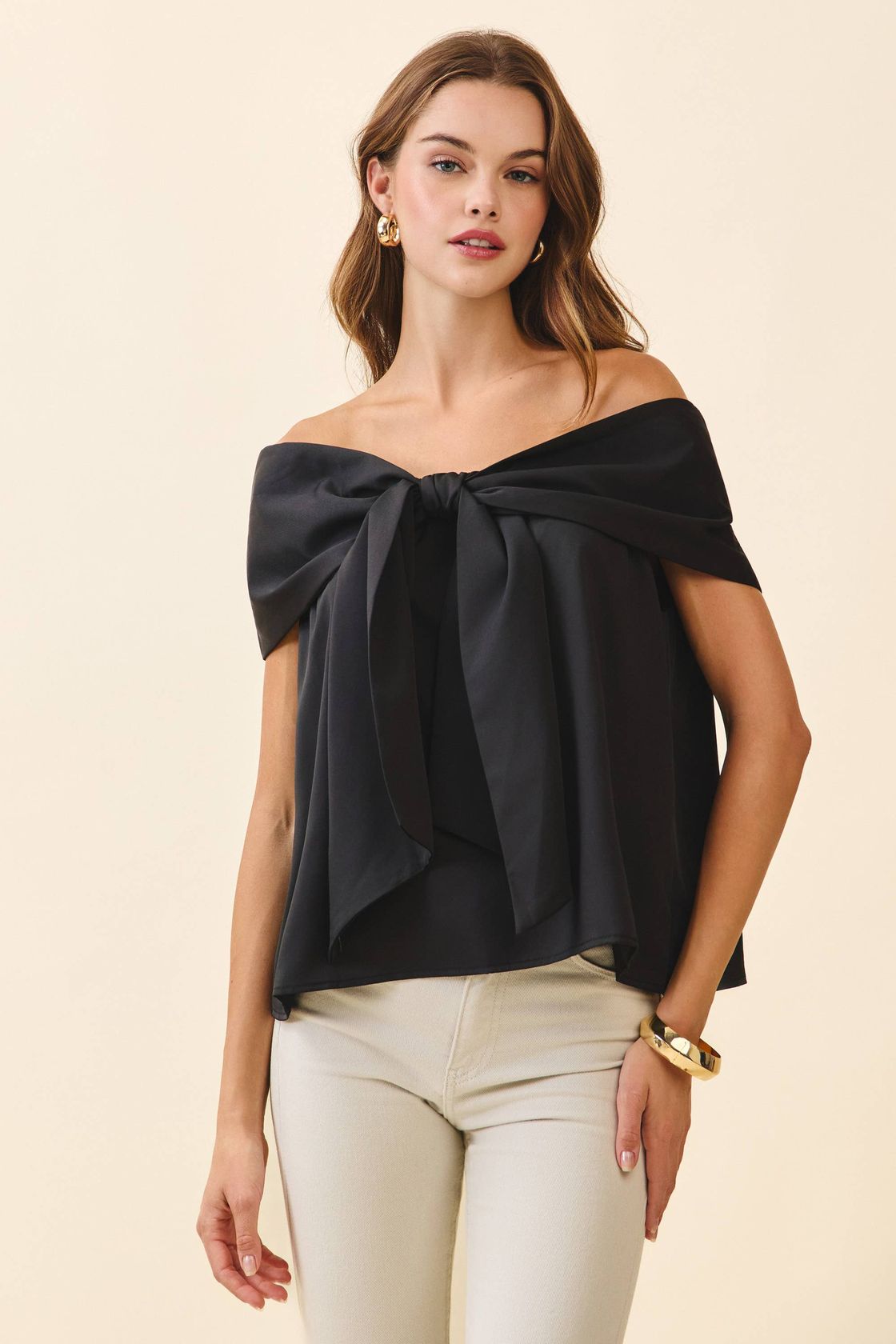TCEC Oneita bow accented off-the-shoulder top in black, featuring a stylish bow detail and a dressy, off-the-shoulder design.