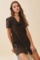 TCEC Rhonda Leopard Sailor Collar Tied Dress featuring a stylish leopard print, sailor collar, and tie detail, perfect for dressy occasions.