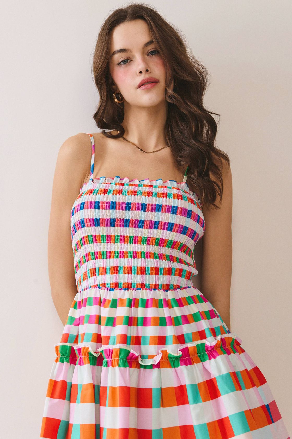 TCEC Frita checkered smocked bodice casual dress with short sleeves and a flowy skirt, perfect for warm-weather wear