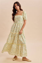 IN LOOM Bloom floral square neck maxi dress with a fitted bodice, flowing skirt, and vibrant floral pattern perfect for dressy occasions