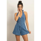 HYFVE Logan denim halter romper displayed on a mannequin, featuring a sleeveless design and relaxed fit for casual wear.