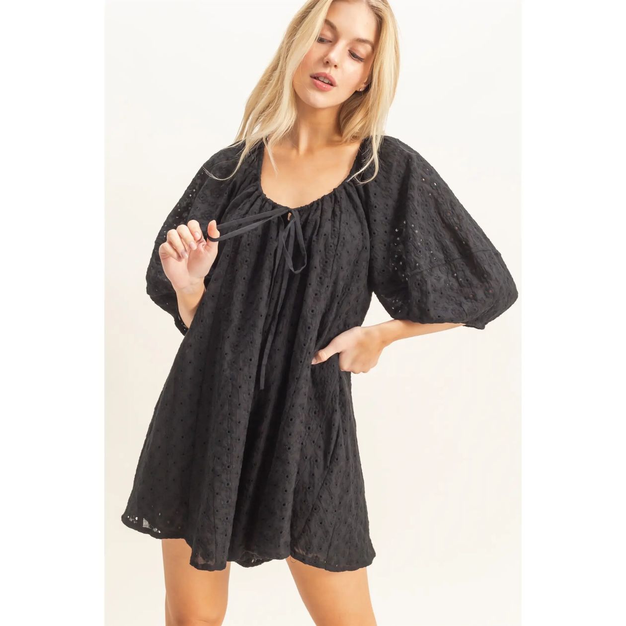 HYFVE Holly eyelet babydoll romper with delicate eyelet fabric and relaxed fit, displayed on a model.