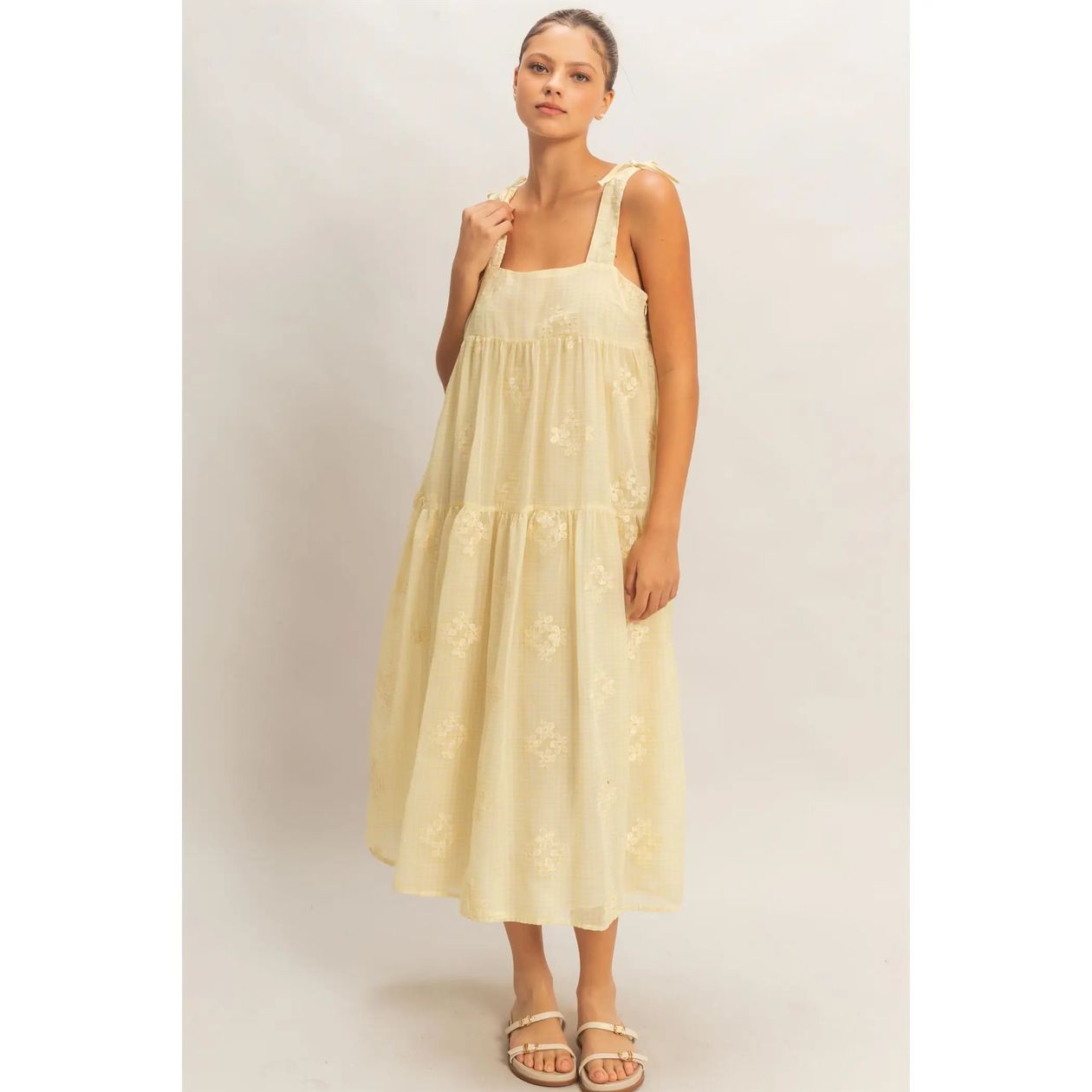 HYFVE Diane tiered gingham embroidered dress with ruffled layers and floral embroidery, perfect for casual summer wear